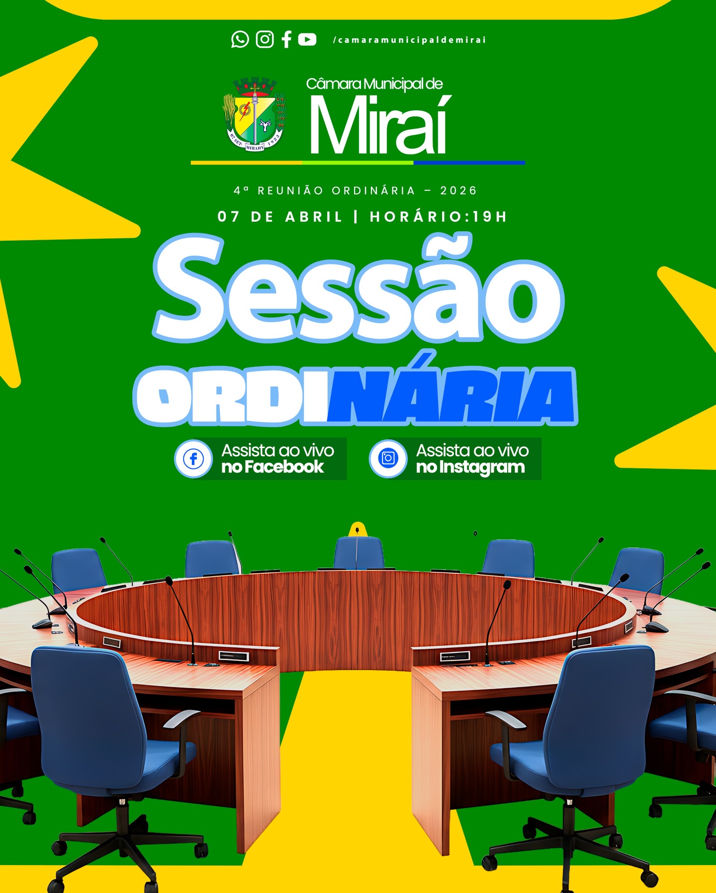 A Câmara Municipal de Miraí convida a população para a 4ª Reunião Ordinária de 2026.