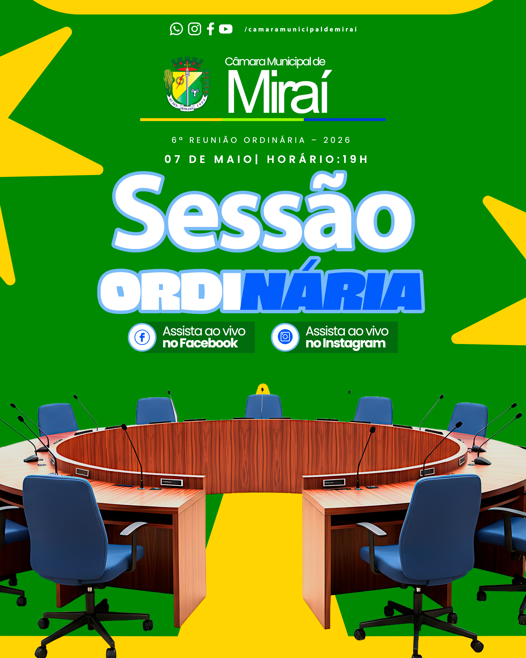 A Câmara Municipal de Miraí convida a população para a 6ª Reunião Ordinária de 2026.